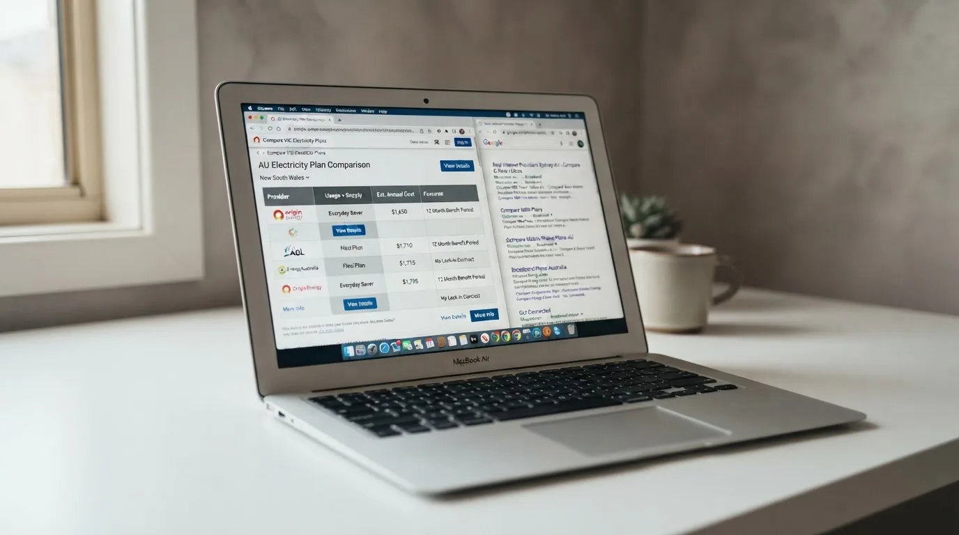 A laptop screen split between two browser tabs, one showing a comparison table and the other a search results page.