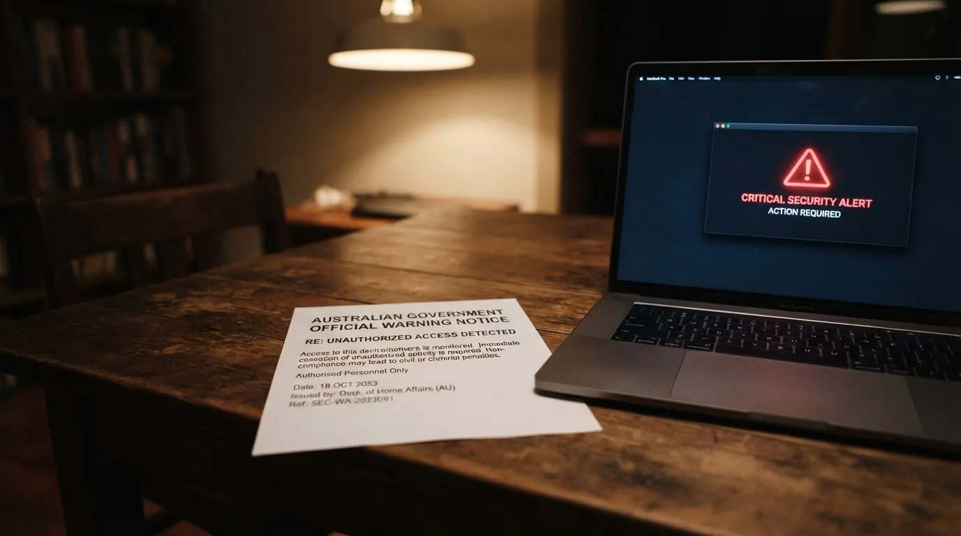 A printed government warning notice on a desk beside a laptop with a red alert icon on the screen.