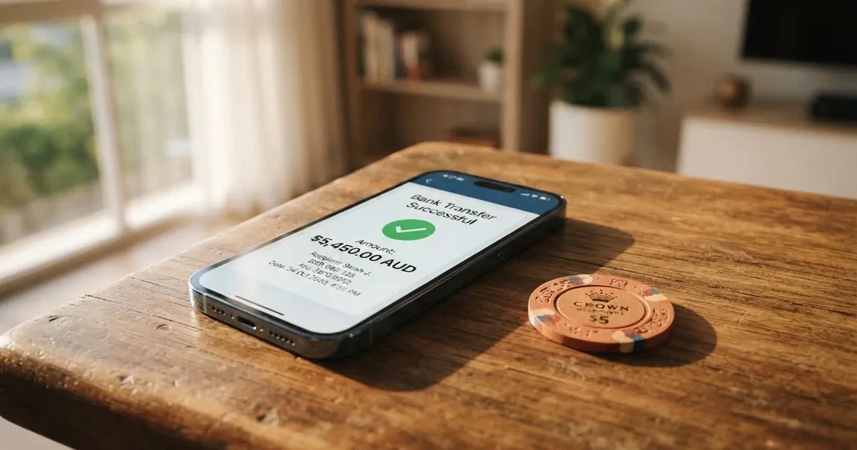A phone displaying a bank transfer confirmation screen next to a stack of Australian dollar notes.