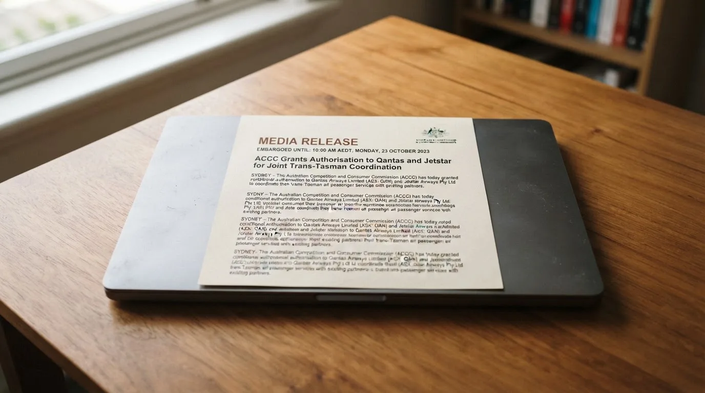 A printed regulator media release sitting on top of a closed laptop.