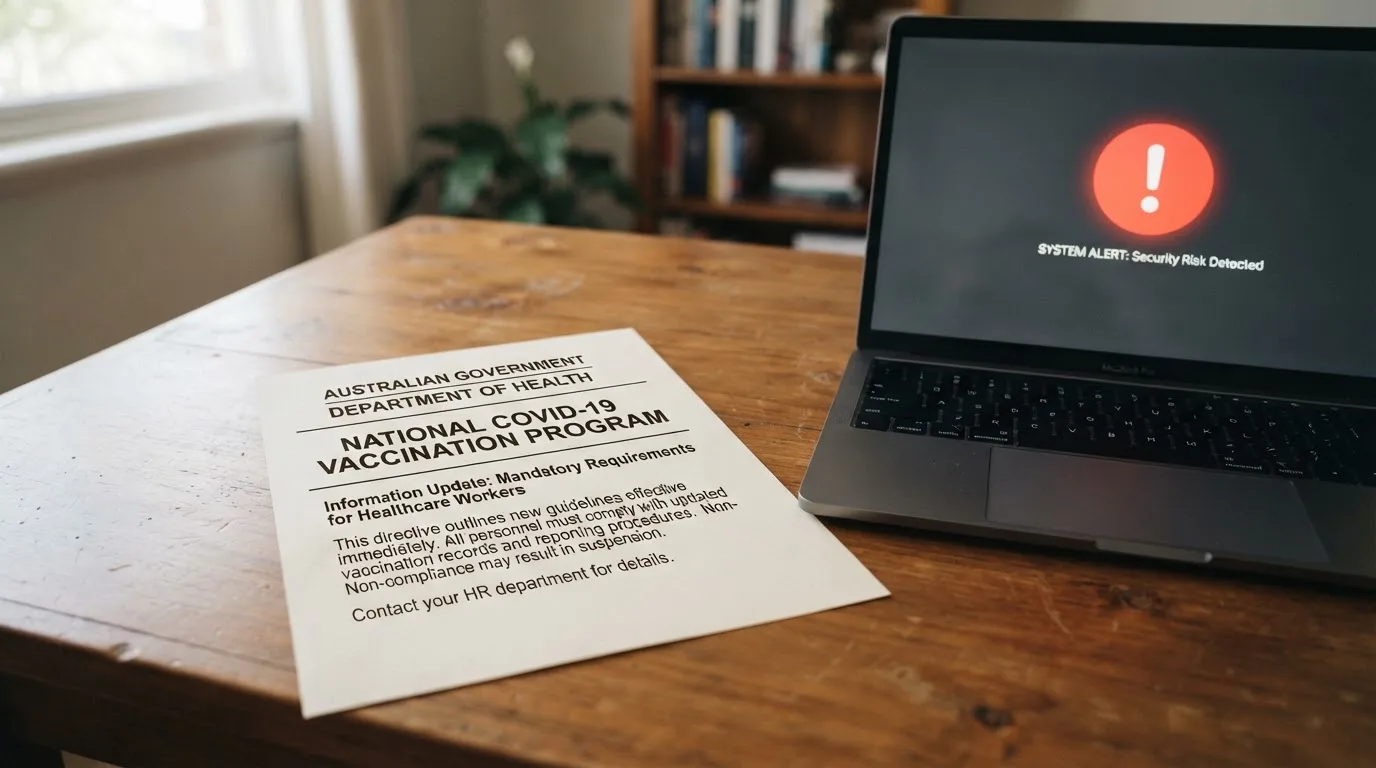 A printed government warning notice on a desk beside a laptop with a red alert icon on the screen.