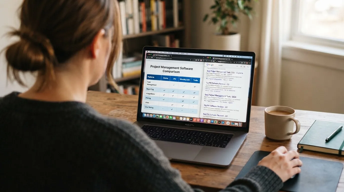 A laptop screen split between two browser tabs, one showing a comparison table and the other a search results page.
