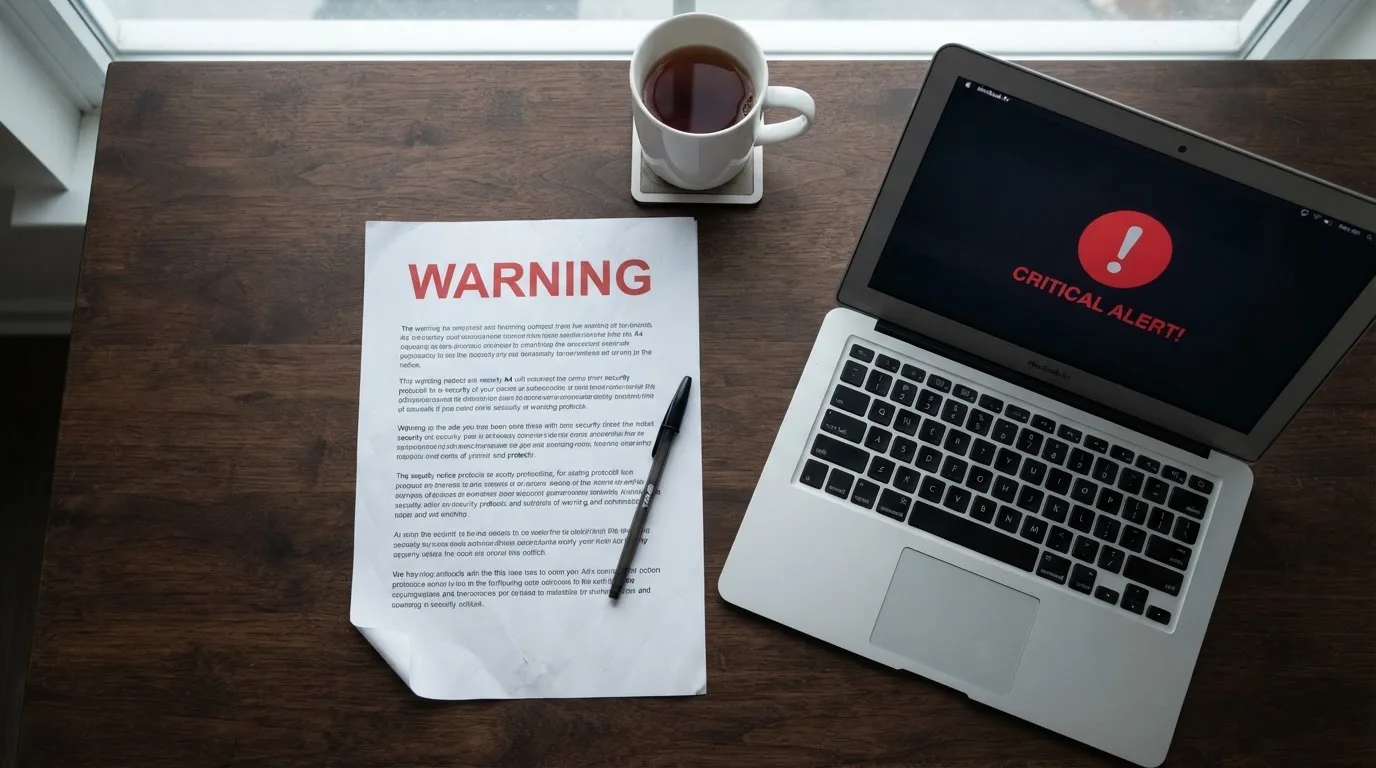 A printed government warning notice on a desk beside a laptop with a red alert icon on the screen.