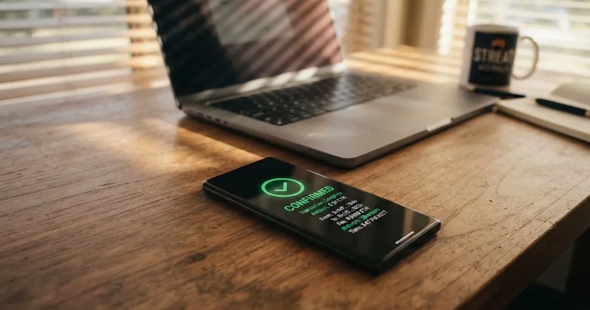 A phone displaying a blockchain transaction confirmation screen next to a laptop keyboard.