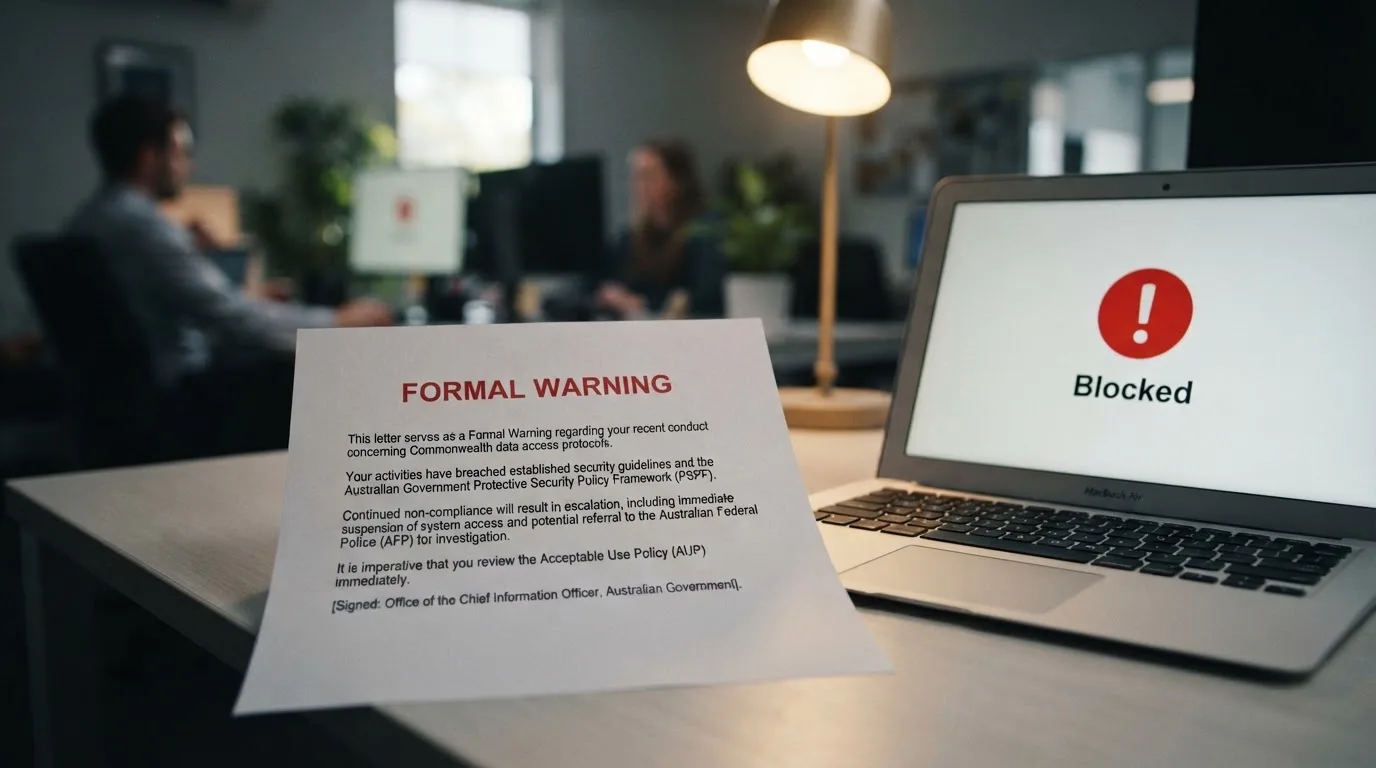 A printed government warning notice on a desk beside a laptop with a red alert icon on the screen.
