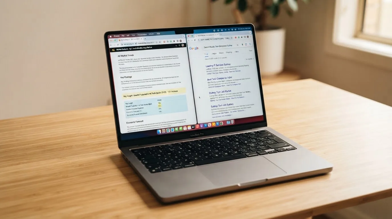 A laptop screen split between two browser tabs, one showing a comparison table and the other a search results page.