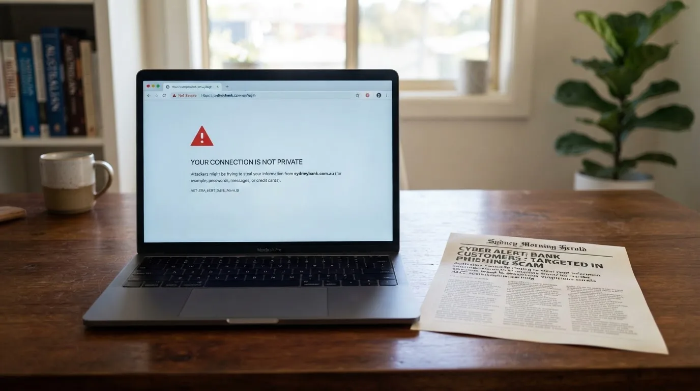 A printed government warning notice on a desk beside a laptop with a red alert icon on the screen.