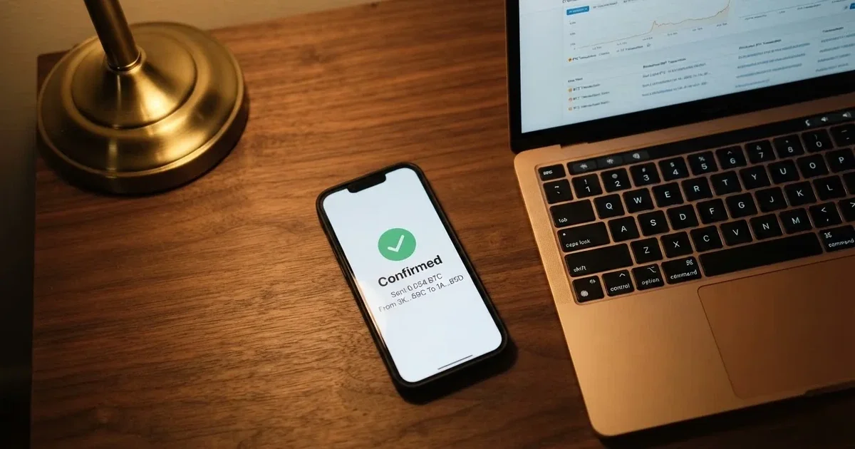 A phone displaying a blockchain transaction confirmation screen next to a laptop keyboard.