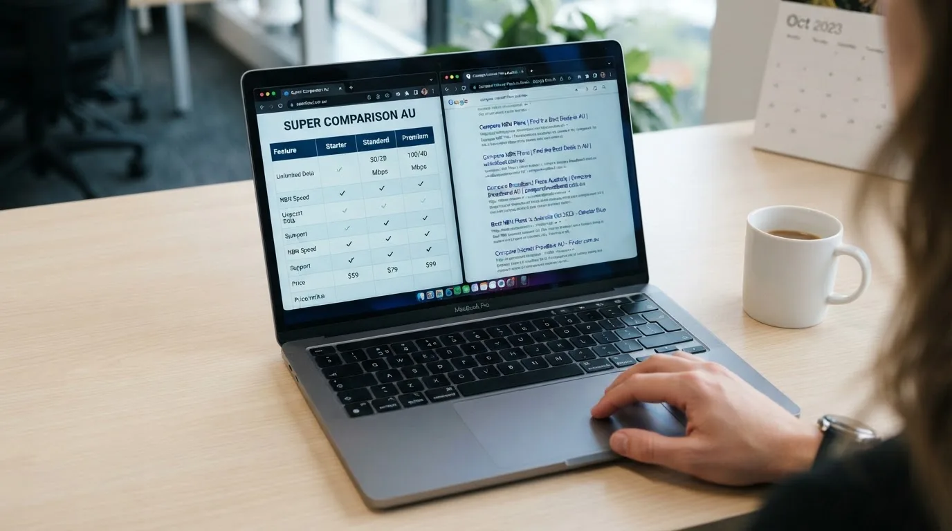 A laptop screen split between two browser tabs, one showing a comparison table and the other a search results page.