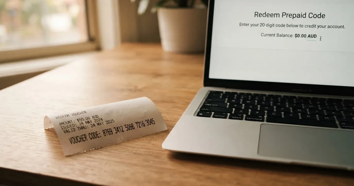 A printed prepaid voucher receipt lying beside a laptop keyboard.