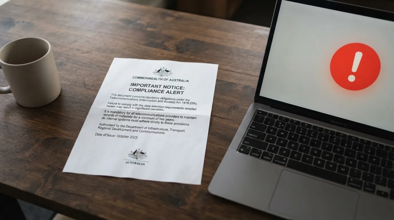 A printed government warning notice on a desk beside a laptop with a red alert icon on the screen.