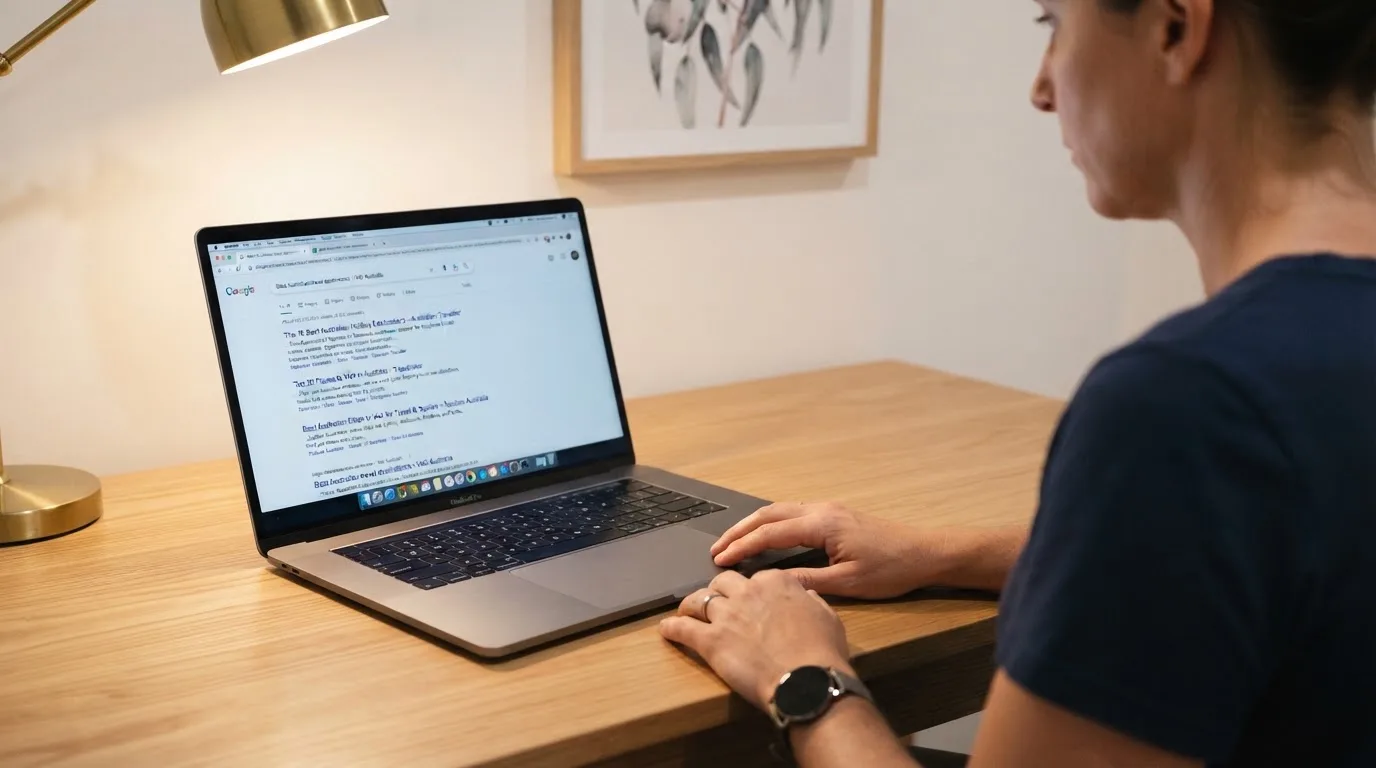A laptop screen split between two browser tabs, one showing a comparison table and the other a search results page.