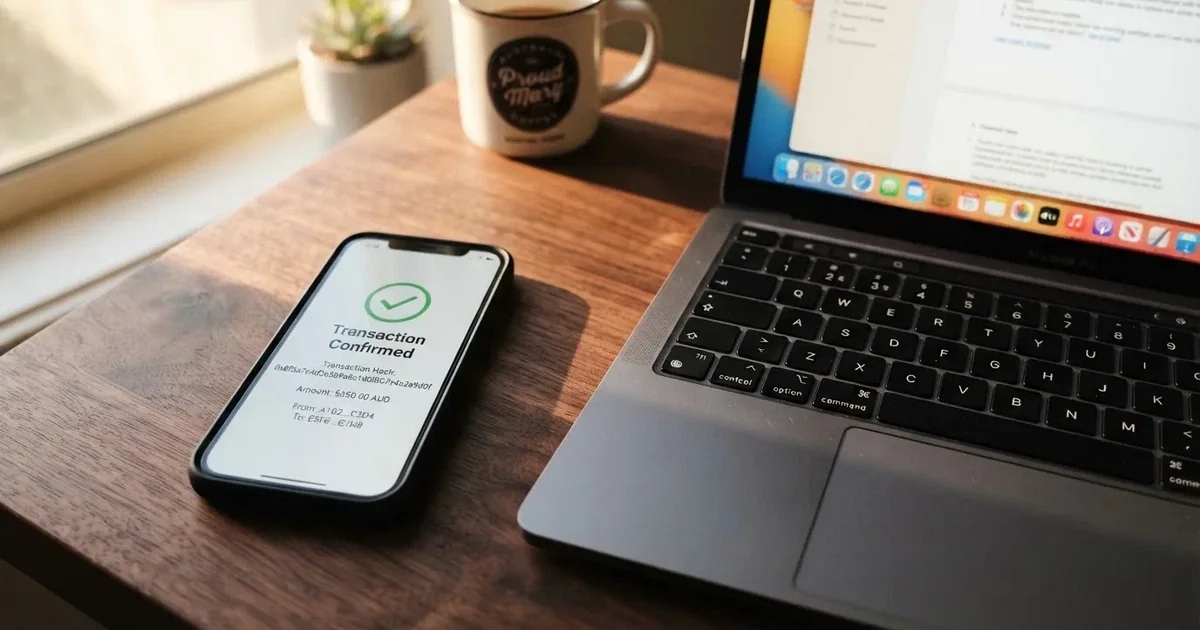 A phone displaying a blockchain transaction confirmation screen next to a laptop keyboard.
