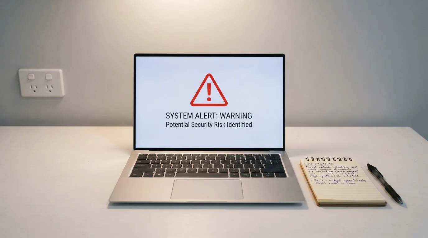 A printed government warning notice on a desk beside a laptop with a red alert icon on the screen.