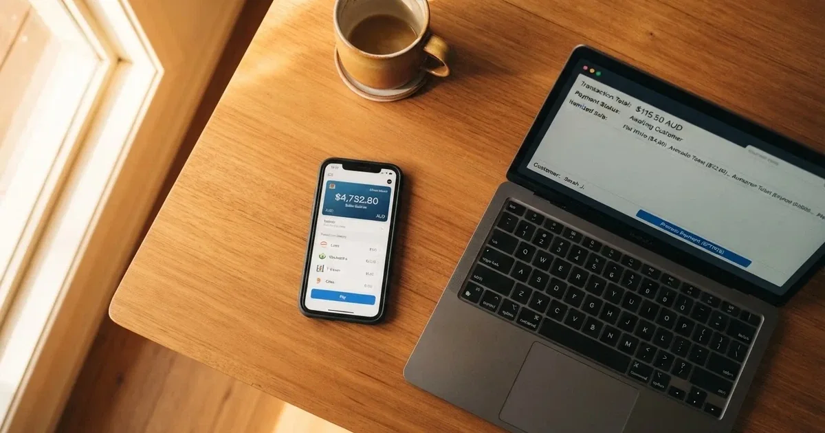 A smartphone screen showing a digital wallet balance next to a laptop cashier page.