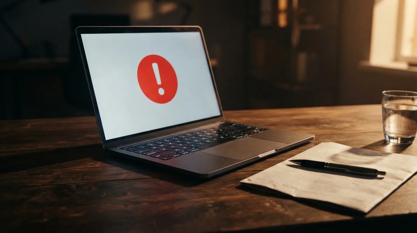 A printed government warning notice on a desk beside a laptop with a red alert icon on the screen.