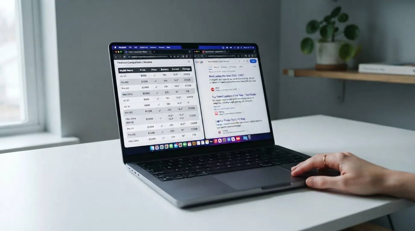 A laptop screen split between two browser tabs, one showing a comparison table and the other a search results page.