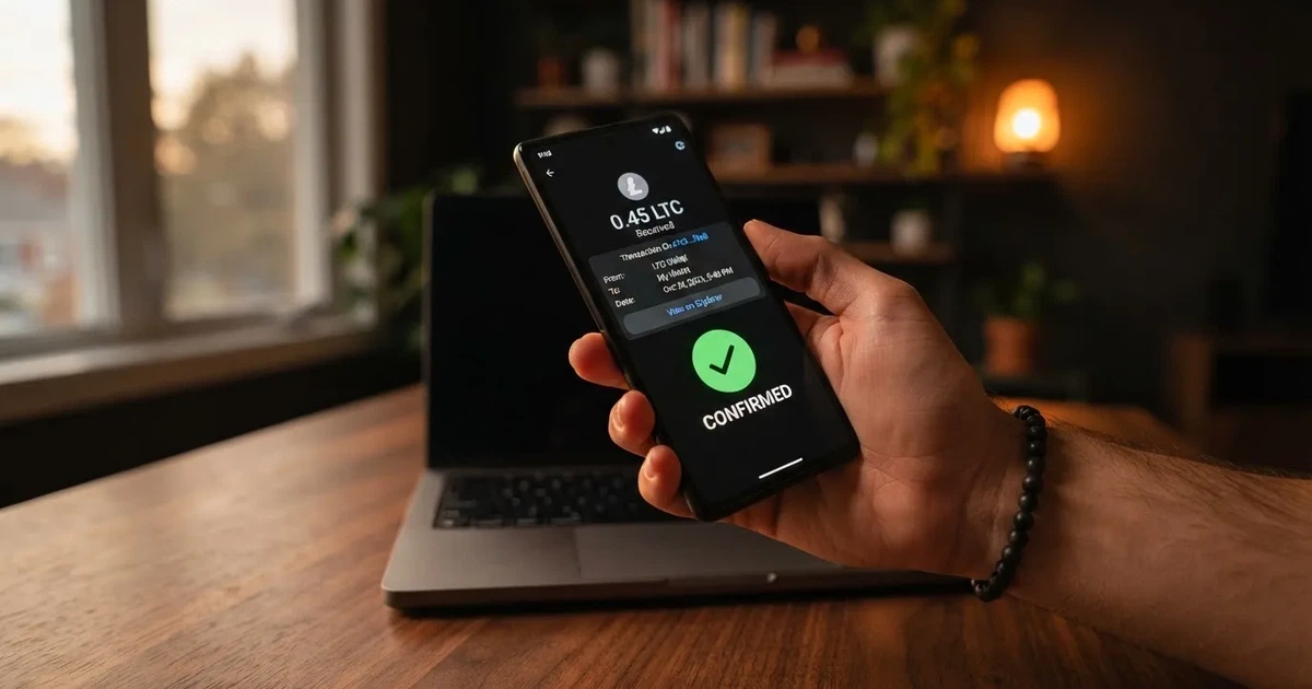 A phone displaying a blockchain transaction confirmation screen next to a laptop keyboard.