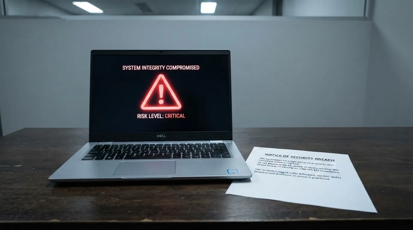 A printed government warning notice on a desk beside a laptop with a red alert icon on the screen.