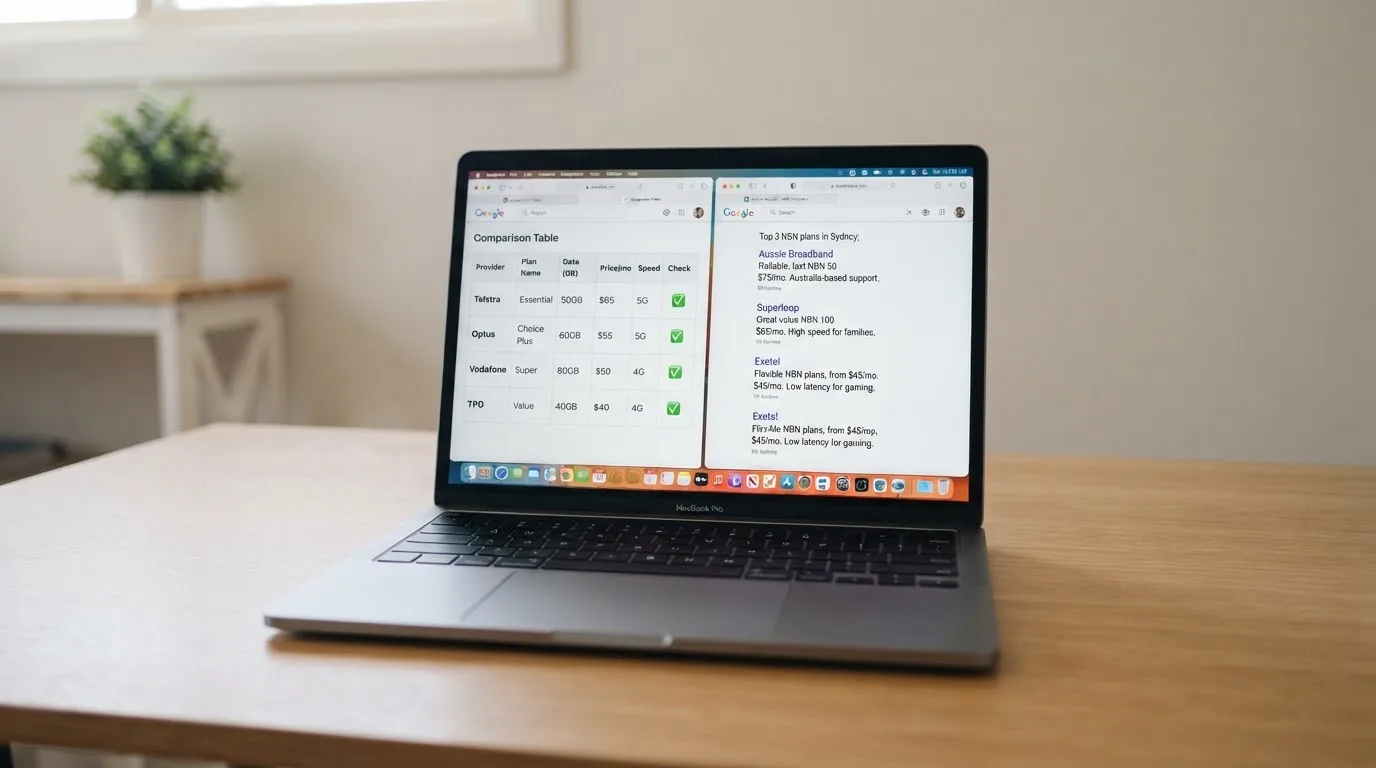 A laptop screen split between two browser tabs, one showing a comparison table and the other a search results page.