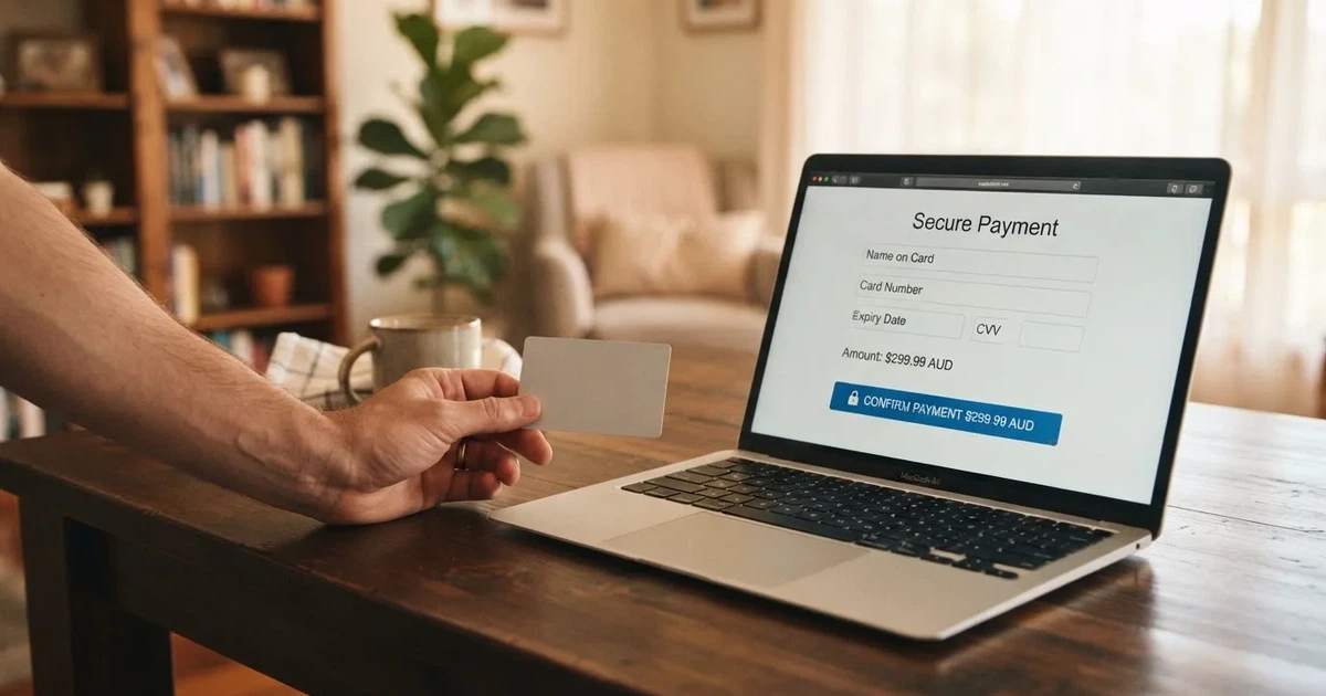 A hand holding a bank card next to a laptop showing an online payment form.