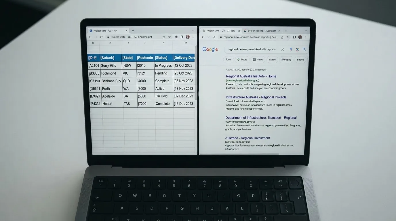 A laptop screen split between two browser tabs, one showing a comparison table and the other a search results page.