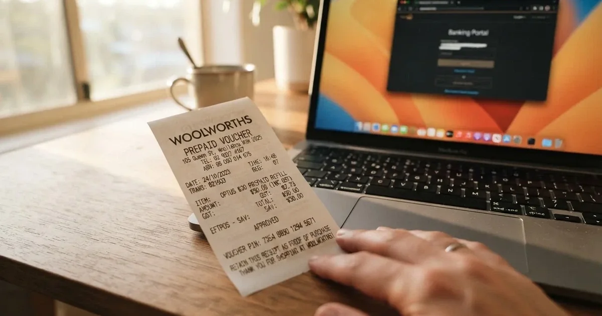 A printed prepaid voucher receipt lying beside a laptop keyboard.
