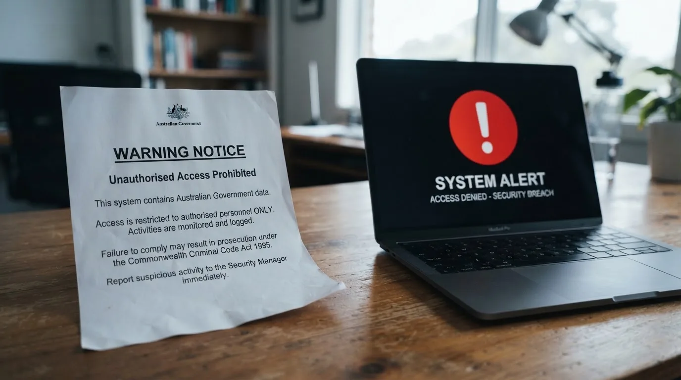 A printed government warning notice on a desk beside a laptop with a red alert icon on the screen.