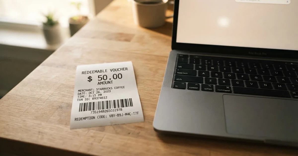 A printed prepaid voucher receipt lying beside a laptop keyboard.