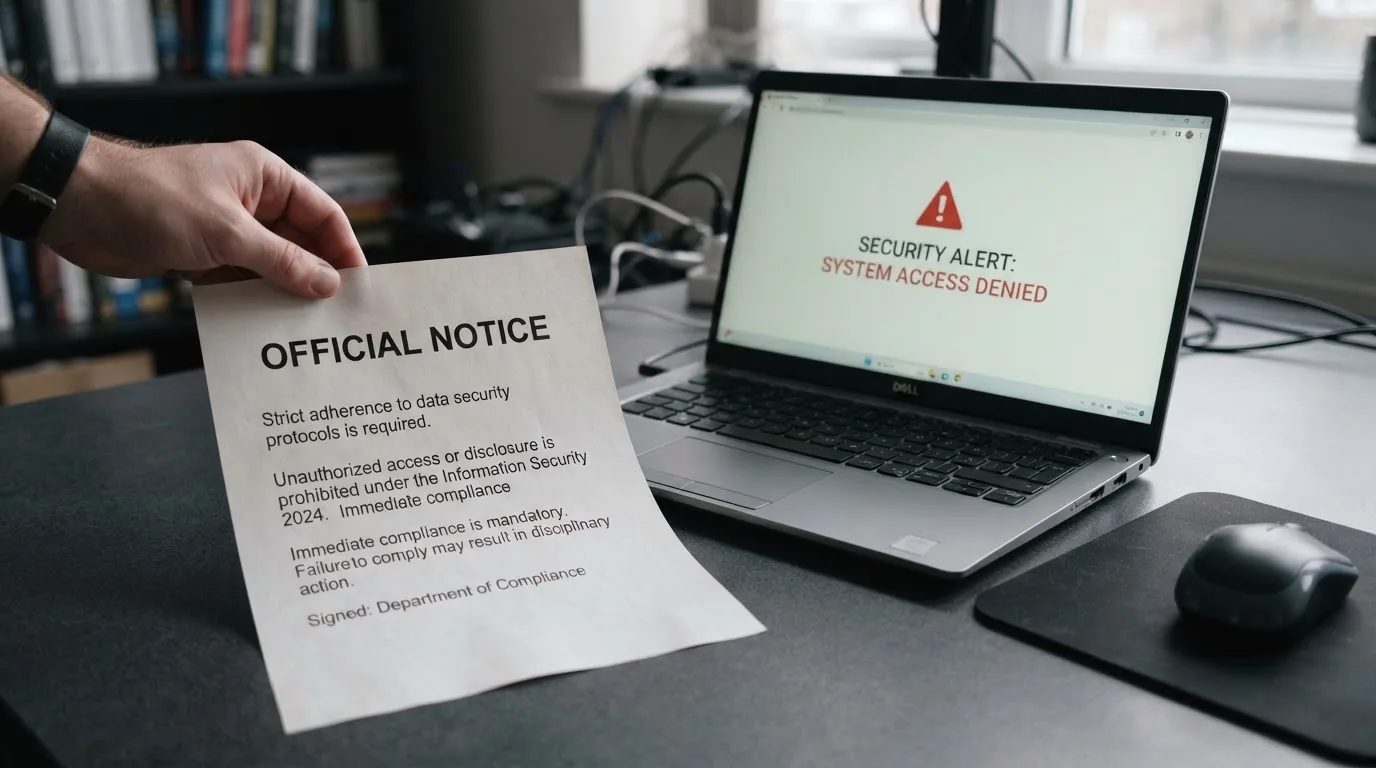 A printed government warning notice on a desk beside a laptop with a red alert icon on the screen.