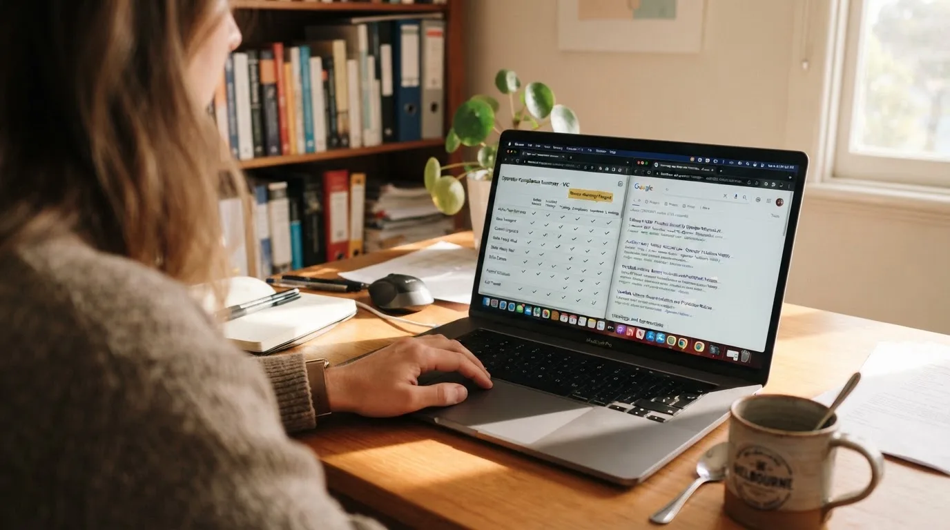 A laptop screen split between two browser tabs, one showing a comparison table and the other a search results page.