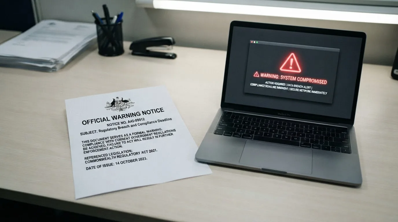 A printed government warning notice on a desk beside a laptop with a red alert icon on the screen.