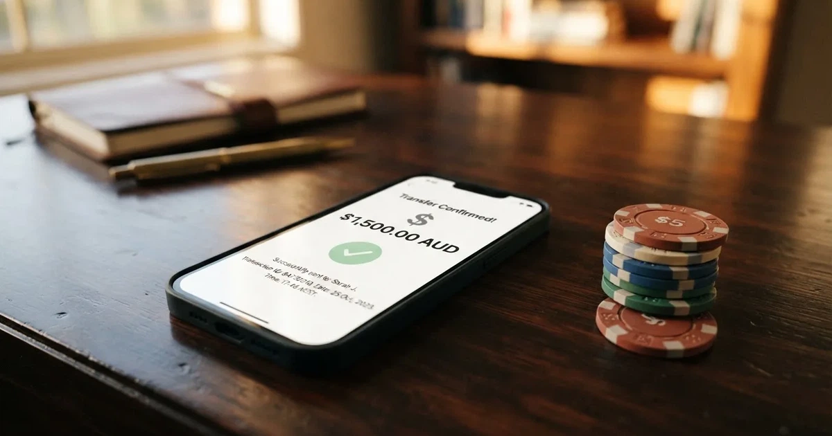 A phone displaying a bank transfer confirmation screen next to a stack of Australian dollar notes.