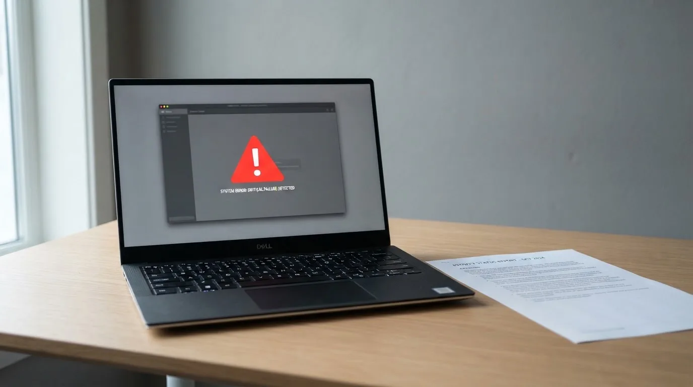A printed government warning notice on a desk beside a laptop with a red alert icon on the screen.