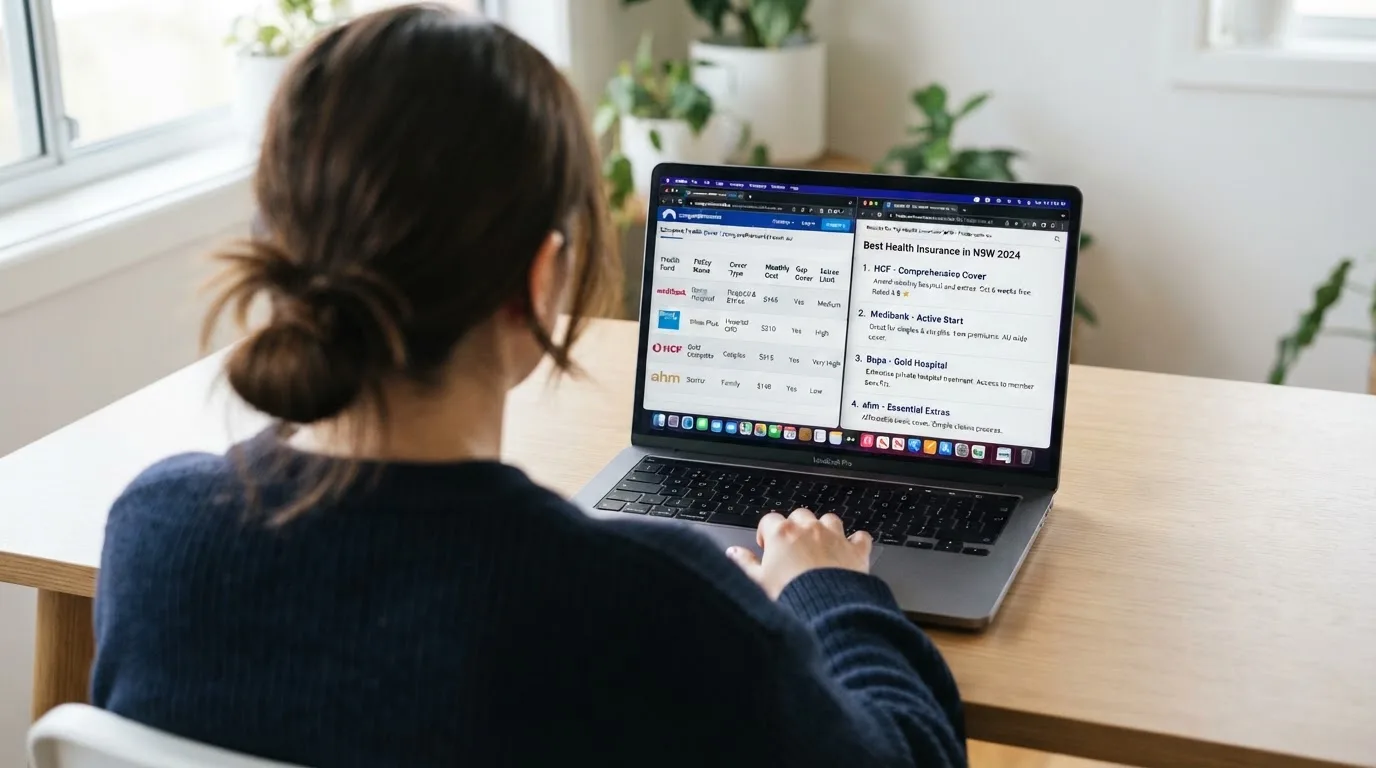 A laptop screen split between two browser tabs, one showing a comparison table and the other a search results page.