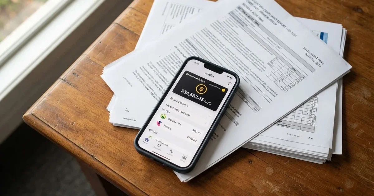 A phone showing a digital wallet balance screen resting on a stack of paperwork.