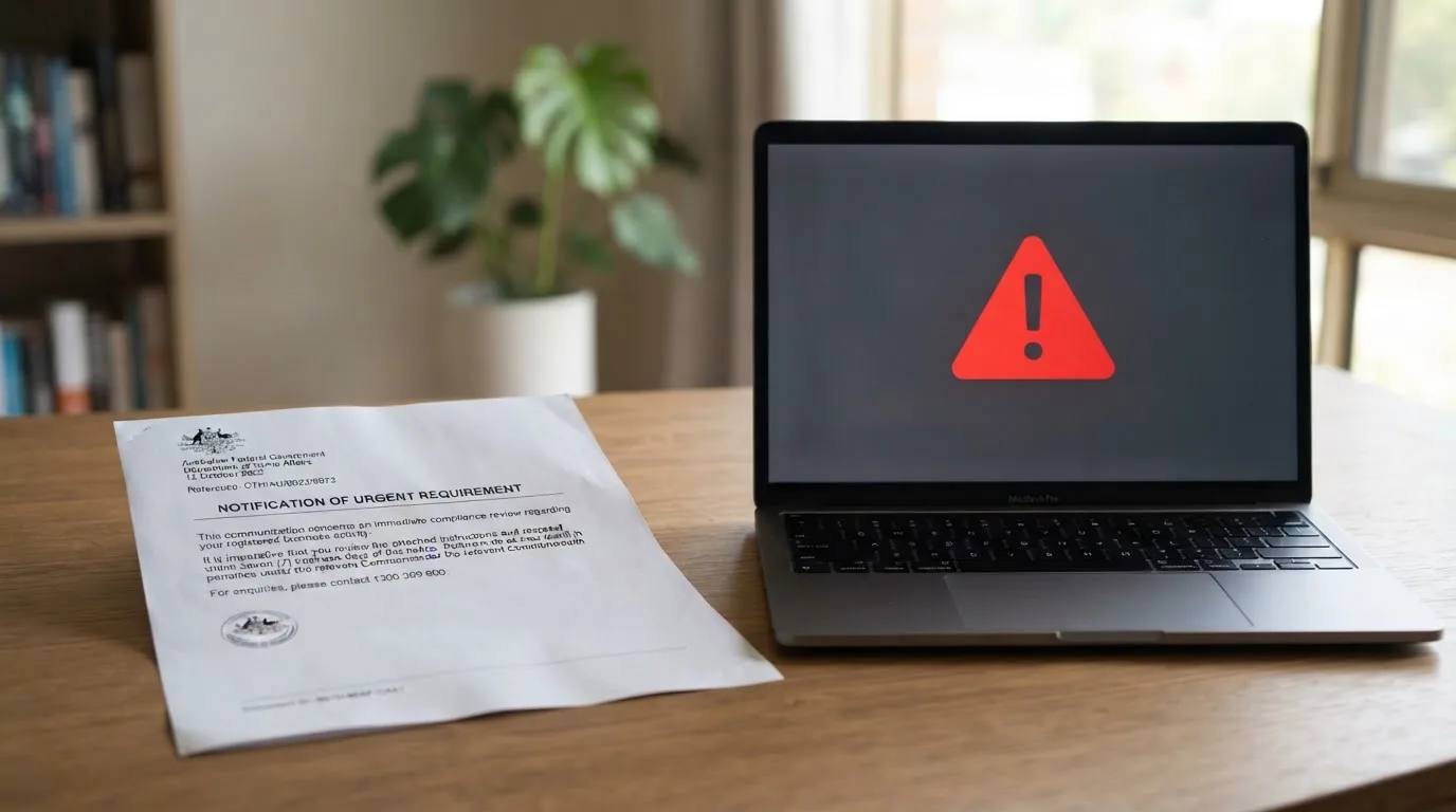 A printed government warning notice on a desk beside a laptop with a red alert icon on the screen.