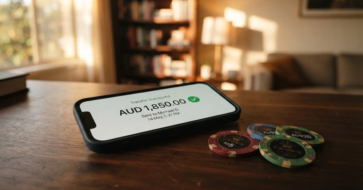 A phone displaying a bank transfer confirmation screen next to a stack of Australian dollar notes.