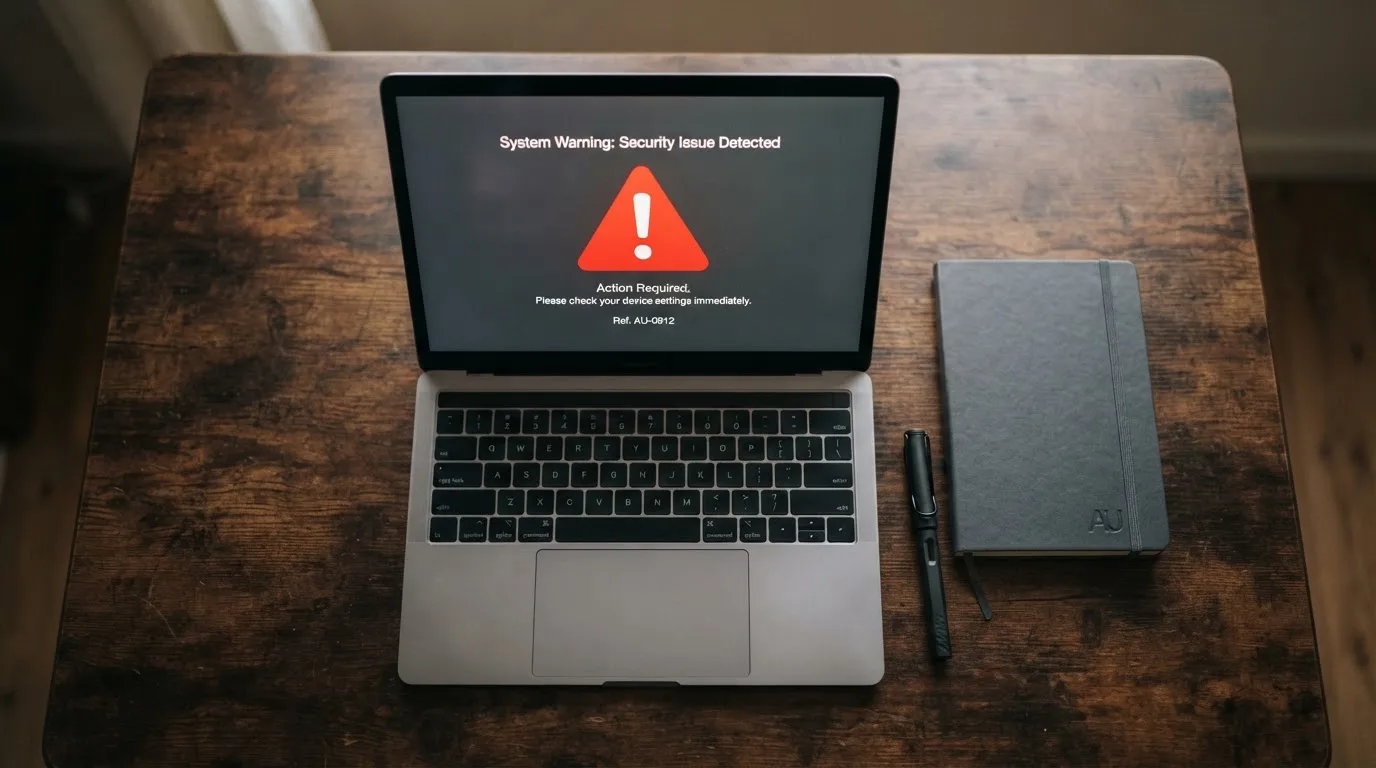 A printed government warning notice on a desk beside a laptop with a red alert icon on the screen.