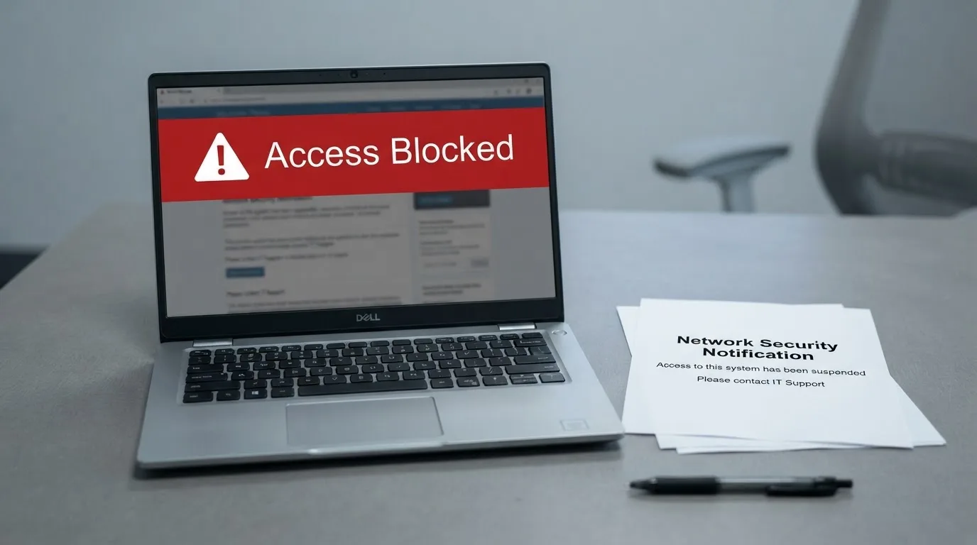 A printed government warning notice on a desk beside a laptop with a red alert icon on the screen.