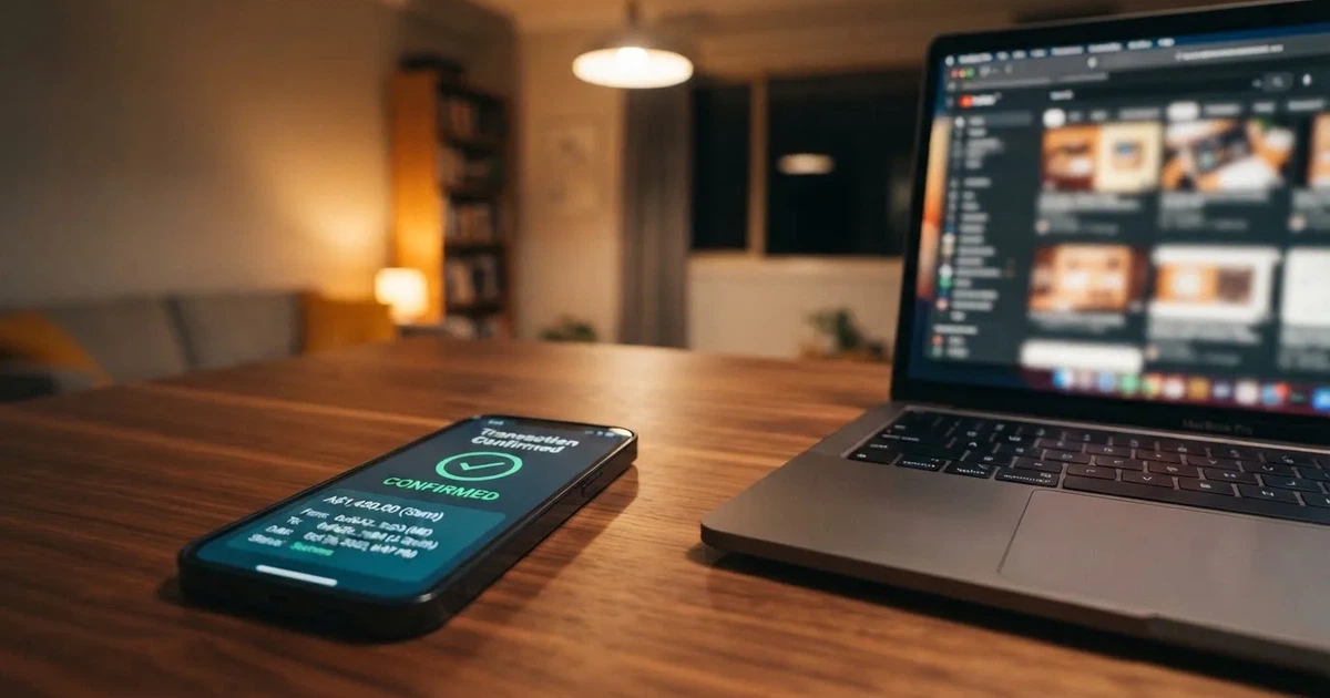 A phone displaying a blockchain transaction confirmation screen next to a laptop keyboard.