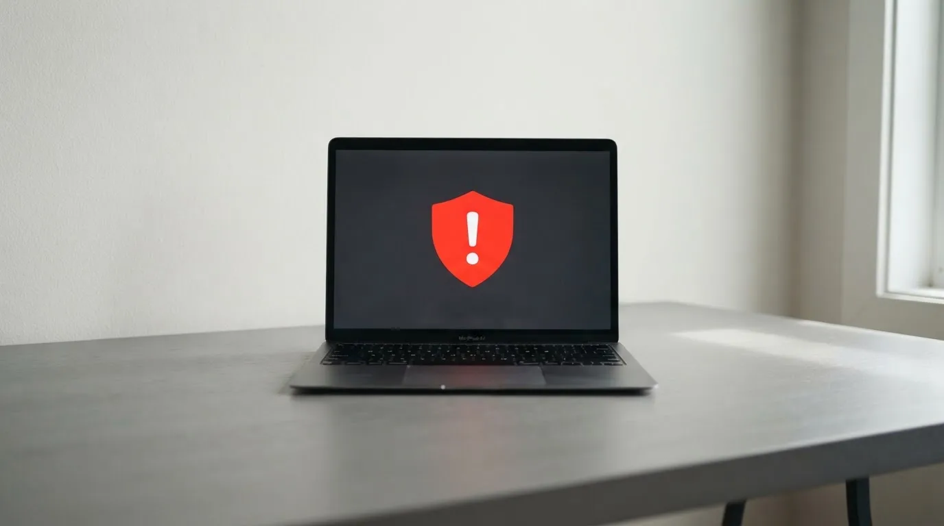A printed government warning notice on a desk beside a laptop with a red alert icon on the screen.