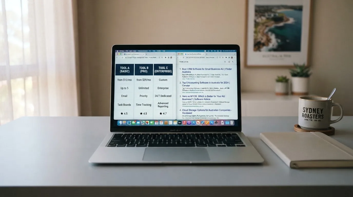 A laptop screen split between two browser tabs, one showing a comparison table and the other a search results page.