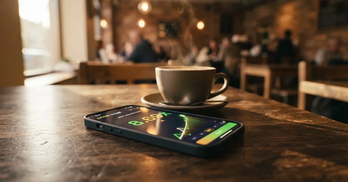 A digital multiplier counter climbing on a phone screen next to a coffee cup.