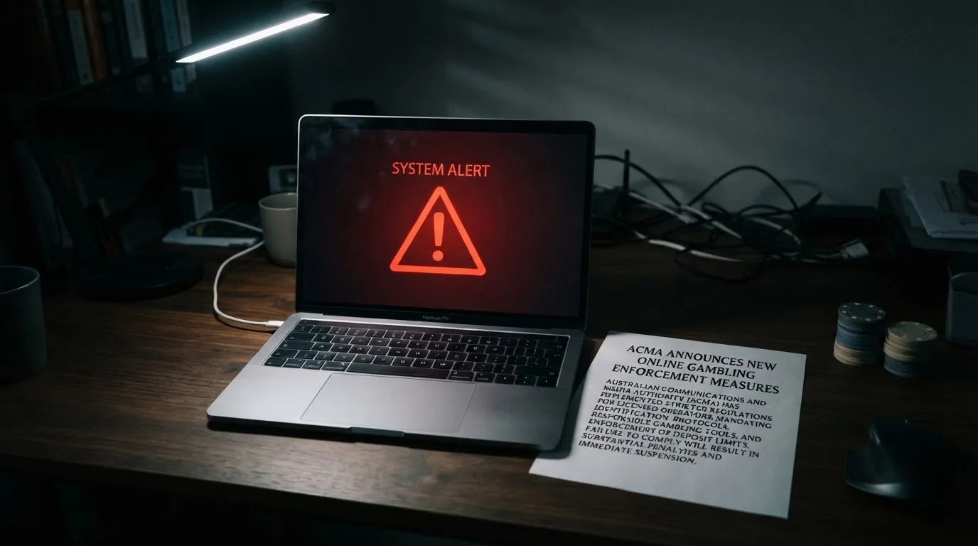 A printed government warning notice on a desk beside a laptop with a red alert icon on the screen.