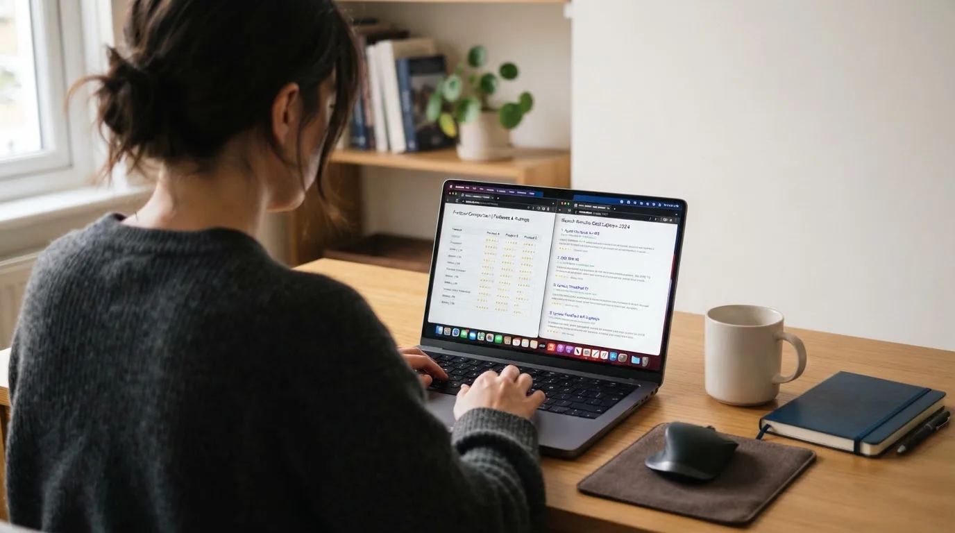 A laptop screen split between two browser tabs, one showing a comparison table and the other a search results page.