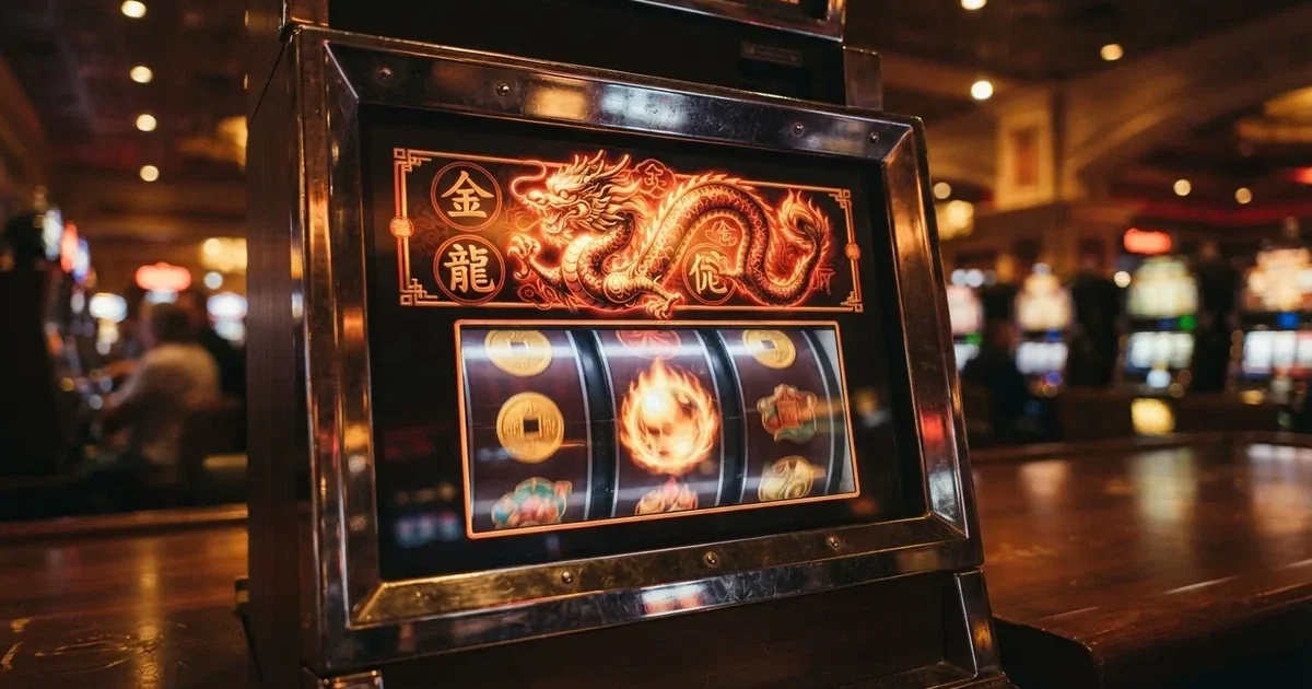 A close-up of a slot reel icon showing a stylised dragon motif on a cabinet screen.