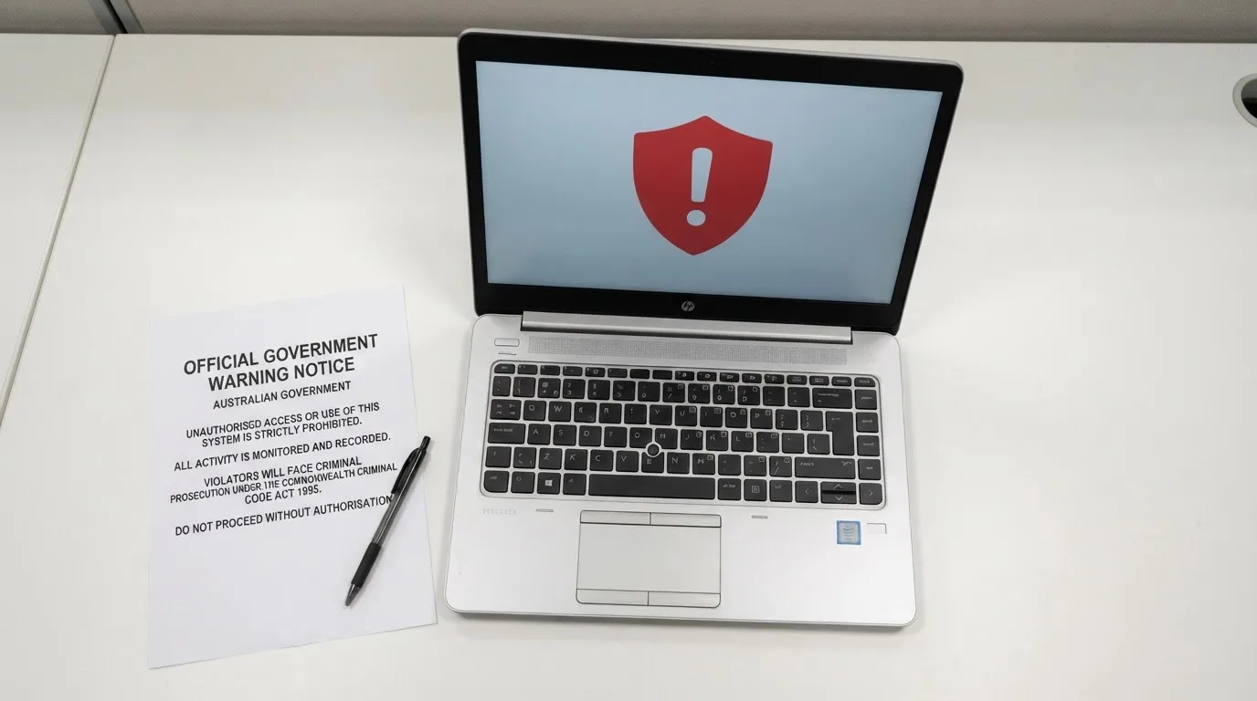 A printed government warning notice on a desk beside a laptop with a red alert icon on the screen.