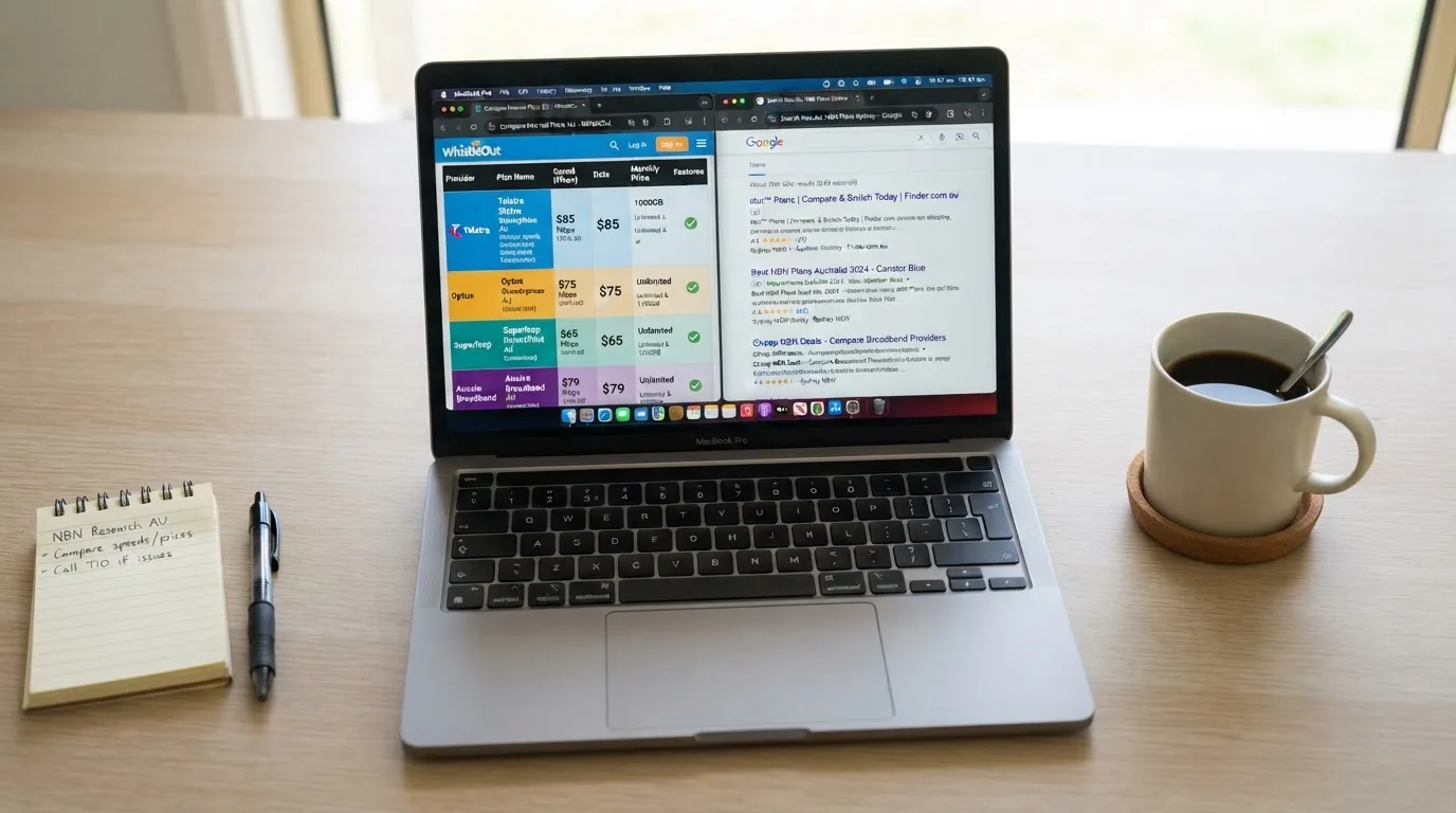 A laptop screen split between two browser tabs, one showing a comparison table and the other a search results page.