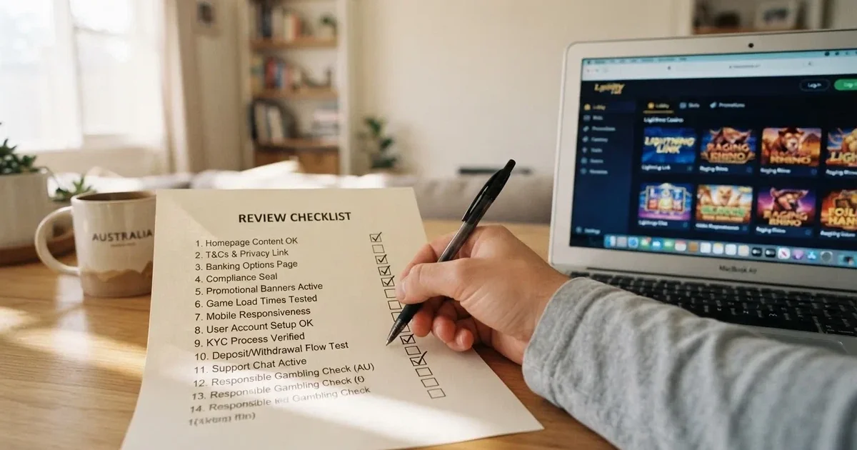 A hand ticking off boxes on a printed checklist next to a laptop.